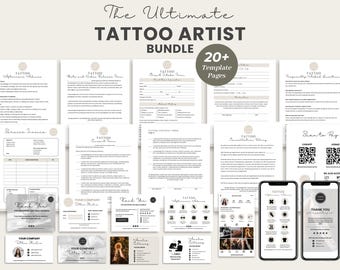 May include: A collection of 20+ printable templates for tattoo artists. The templates include appointment advice, client intake forms, consultation waivers, and thank you cards. The templates are designed in a minimalist style with a neutral color palette.