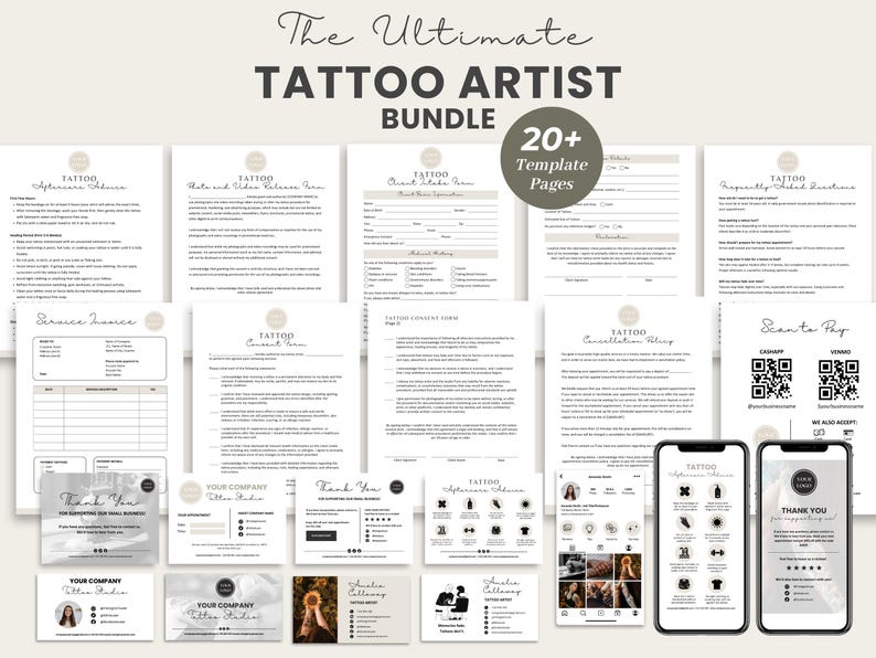 Puede incluir: Una colecci&oacute;n de m&aacute;s de 20 plantillas imprimibles para artistas del tatuaje. Las plantillas incluyen consejos para citas, formularios de admisi&oacute;n de clientes, exenciones de consulta y tarjetas de agradecimiento. Las plantillas est&aacute;n dise&ntilde;adas en un estilo minimalista con una paleta de colores neutros.