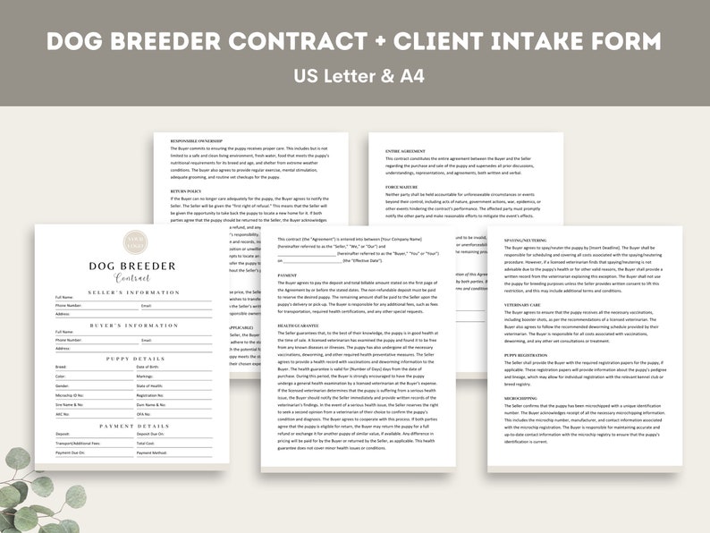 May include: A dog breeder contract and client intake form, printed on white paper. The text includes "Dog Breeder Contract + Client Intake Form" and "US Letter & A4". The document is designed for recording seller and buyer information.