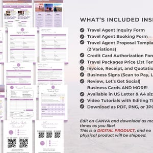 K&ouml;nnte beinhalten: Ein digitales Produkt f&uuml;r Reiseb&uuml;ros, einschlie&szlig;lich Formulare, Vorlagen und Grafiken f&uuml;r soziale Medien. Das Produkt ist in den Formaten US Letter und A4 verf&uuml;gbar und kann als PDF, PNG oder JPG heruntergeladen werden. Der Text "WHAT'S INCLUDED INSIDE:" ist im Bild sichtbar.