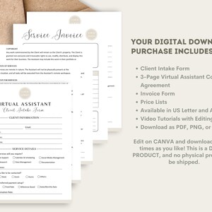 May include: A digital download package for virtual assistants, including a client intake form, a 3-page contract agreement, an invoice form, price lists, and video tutorials. The package is available in US Letter and A4 sizes and can be downloaded as PDF, PNG, or JPG.