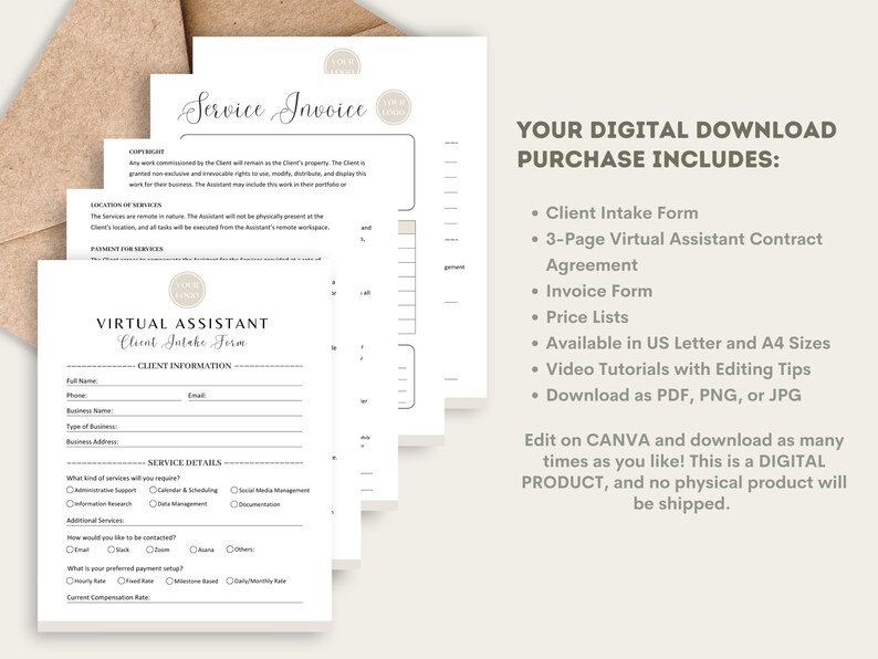 May include: A digital download package for virtual assistants, including a client intake form, a 3-page contract agreement, an invoice form, price lists, and video tutorials. The package is available in US Letter and A4 sizes and can be downloaded as PDF, PNG, or JPG.