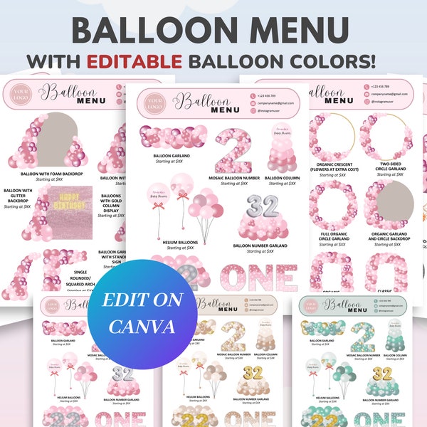 Modèle de menu ballon, liste de prix modifiable et imprimable de décoration ballon, entreprise de ballon, liste de prix de guirlande d'artiste ballon, décor d'événement CANVA
