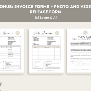 May include: Three printable forms for selling puppies. The forms include a sales invoice, puppy details, and a photo and video release form. The forms are in a light brown color scheme with a simple design.