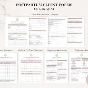 K&ouml;nnte beinhalten: Ein Satz von vier druckbaren Formularen f&uuml;r Postpartum-Klienten in den Formaten US Letter und A4. Die Formulare umfassen einen Kundenfragebogen, Hilfe bei der Hausarbeit, Vorlieben f&uuml;r Kinderbetreuung und Haustiere, Postpartum-Pr&auml;ferenzen und einen Postpartum-Plan. Die Formulare sind mit einem minimalistischen Design und einem hellrosa und grauen Farbschema gestaltet.