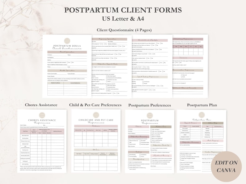 K&ouml;nnte beinhalten: Ein Satz von vier druckbaren Formularen f&uuml;r Postpartum-Klienten in den Formaten US Letter und A4. Die Formulare umfassen einen Kundenfragebogen, Hilfe bei der Hausarbeit, Vorlieben f&uuml;r Kinderbetreuung und Haustiere, Postpartum-Pr&auml;ferenzen und einen Postpartum-Plan. Die Formulare sind mit einem minimalistischen Design und einem hellrosa und grauen Farbschema gestaltet.