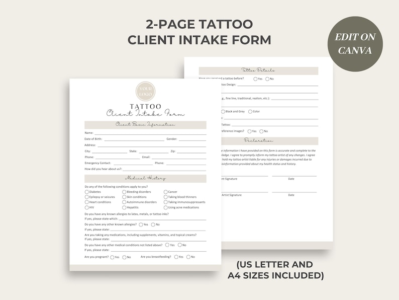 Puede incluir: Un formulario de admisi&oacute;n para clientes de tatuajes de dos p&aacute;ginas con secciones para la informaci&oacute;n del cliente, los detalles del tatuaje, el historial m&eacute;dico y una renuncia. El formulario est&aacute; dise&ntilde;ado para ser editado en Canva e incluye los tama&ntilde;os US Letter y A4.