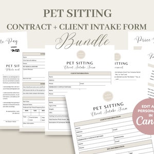 May include: A printable bundle of pet sitting forms in a beige and brown colour scheme. The forms include a client intake form, a price list, and a contract. The text "PET SITTING" is at the top of the page. The text "EDIT AND PERSONALIZE IN CANVA" is at the bottom of the page.