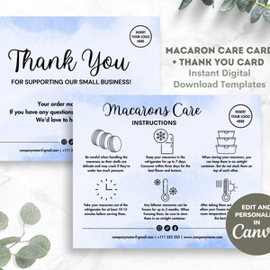 Macaron Care Card Instructions Canva Template, Instant Download Digital Macaron Care Guide, Editable & Printable Wedding Macarons Care, BLUE