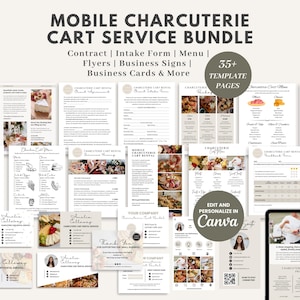 Puede incluir: Un paquete de plantillas para un servicio de carrito de charcutería móvil, que incluye contratos, menús, folletos, tarjetas de visita y más. El texto incluye "Mobile Charcuterie Cart Service Bundle", "Edit and Personalize in Canva" y "35+ Template Pages".