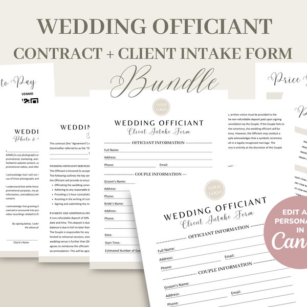 Wedding Officiant Service Contract/Agreement Form, Marriage & Wedding Minister Service Agreement, Wedding Registrar Editable Template, CANVA