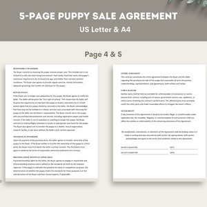 May include: A 5-page puppy sale agreement contract in US Letter and A4 size. The document covers responsible ownership, return policy, transfer of ownership, breeding rights, entire agreement, force majeure, severability, and signatures for both the buyer and seller.