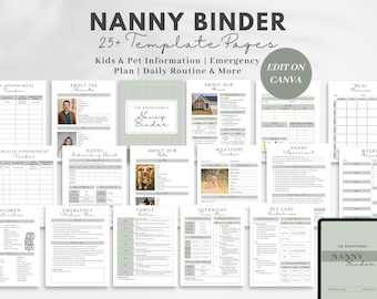 May include: A collection of printable pages for a nanny binder, featuring templates for a variety of information, including kids and pet information, emergency plans, daily routines, and more. The pages are designed to be edited on Canva.