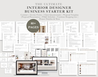 Contratto/accordo per interior designer, presentazione di proposte per clienti freelance di interior design, modulo di assunzione, modello di programma FF&E, CANVA