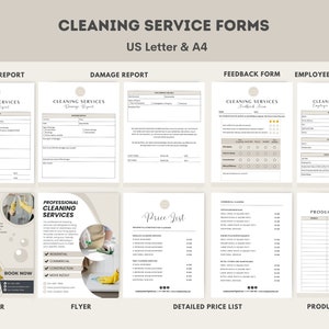 May include: A set of printable cleaning service forms in US Letter and A4 sizes. The forms include incident reports, damage reports, feedback forms, employee information, a price list, product inventory, and flyers. The forms are designed with a minimalist aesthetic and feature a light brown background with white text.