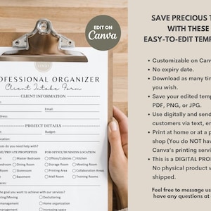 Puede incluir: Un portapapeles con un "Formulario de admisi&oacute;n de clientes de organizador profesional" impreso en papel blanco. El formulario incluye campos para la informaci&oacute;n del cliente y los detalles del proyecto.