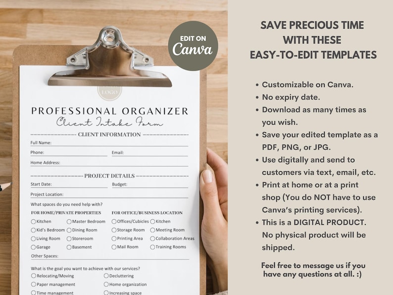 Puede incluir: Un portapapeles con un "Formulario de admisi&oacute;n de clientes de organizador profesional" impreso en papel blanco. El formulario incluye campos para la informaci&oacute;n del cliente y los detalles del proyecto.