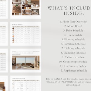 May include: A digital product for home design and renovation, including a floor plan overview, mood board, paint schedule, tile schedule, flooring schedule, furniture schedule, lighting schedule, plumbing schedule, cabinet schedule, countertop schedule, hardware schedule, and appliances schedule.  Edit on Canva and download as many times as you like! This is a digital product, and no physical product will be shipped.