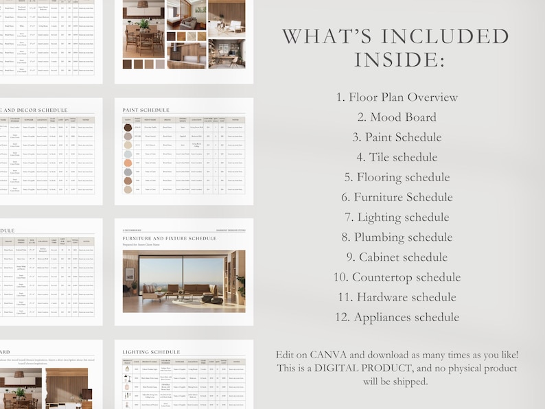 May include: A digital product for home design and renovation, including a floor plan overview, mood board, paint schedule, tile schedule, flooring schedule, furniture schedule, lighting schedule, plumbing schedule, cabinet schedule, countertop schedule, hardware schedule, and appliances schedule.  Edit on Canva and download as many times as you like! This is a digital product, and no physical product will be shipped.