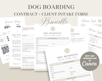Dog Boarding Service Agreement/Contract Template, Editable & Printable Pet Boarding Business New Client Intake Form, Invoice, CANVA