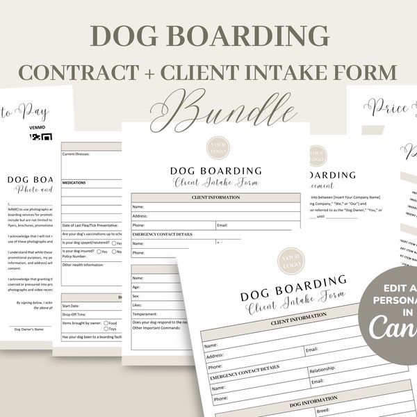 Dog Boarding Service Agreement/Contract Template, Editable & Printable Pet Boarding Business New Client Intake Form, Invoice, CANVA