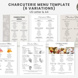 K&ouml;nnte beinhalten: Charcuterie-Men&uuml;vorlage mit sechs Variationen, US Letter & A4-Format. Das Design umfasst Abschnitte f&uuml;r Fleisch, K&auml;se, Obst & Gem&uuml;se, N&uuml;sse & Cracker, Gew&uuml;rze und s&uuml;&szlig;e Leckereien. Enth&auml;lt Text: "Edit and Personalize in Canva."