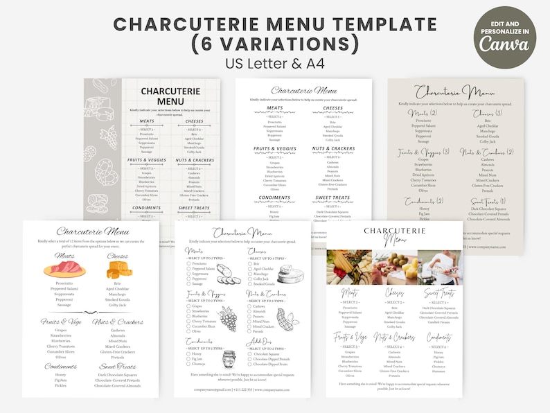 K&ouml;nnte beinhalten: Charcuterie-Men&uuml;vorlage mit sechs Variationen, US Letter & A4-Format. Das Design umfasst Abschnitte f&uuml;r Fleisch, K&auml;se, Obst & Gem&uuml;se, N&uuml;sse & Cracker, Gew&uuml;rze und s&uuml;&szlig;e Leckereien. Enth&auml;lt Text: "Edit and Personalize in Canva."