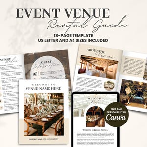Op de afbeelding: Een evenementenlocatie huurgids sjabloon met de titel "EVENT VENUE Rental Guide" en de tekst "18-PAGE TEMPLATE US LETTER AND A4 SIZES INCLUDED". De gids bevat secties over locatieregels, gasteninformatie en locatiegegevens.