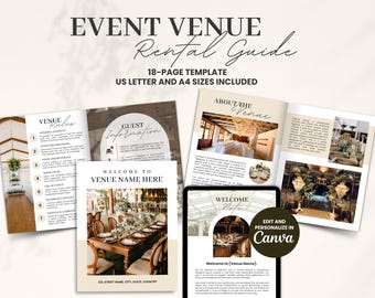 May include: An event venue rental guide template with the title "EVENT VENUE Rental Guide" and the text "18-PAGE TEMPLATE US LETTER AND A4 SIZES INCLUDED". The guide includes sections on venue rules, guest information, and venue details, with a tablet displaying a welcome note.