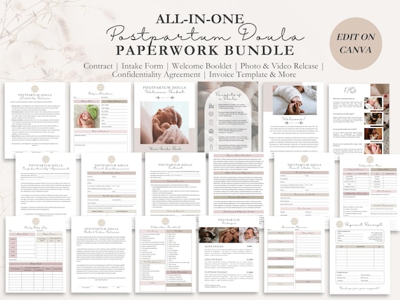Postpartum Doula Contract Agreement, Postpartum Planning, Client Intake Form, Editable Paperwork, Welcome Book, Price List Template, CANVA