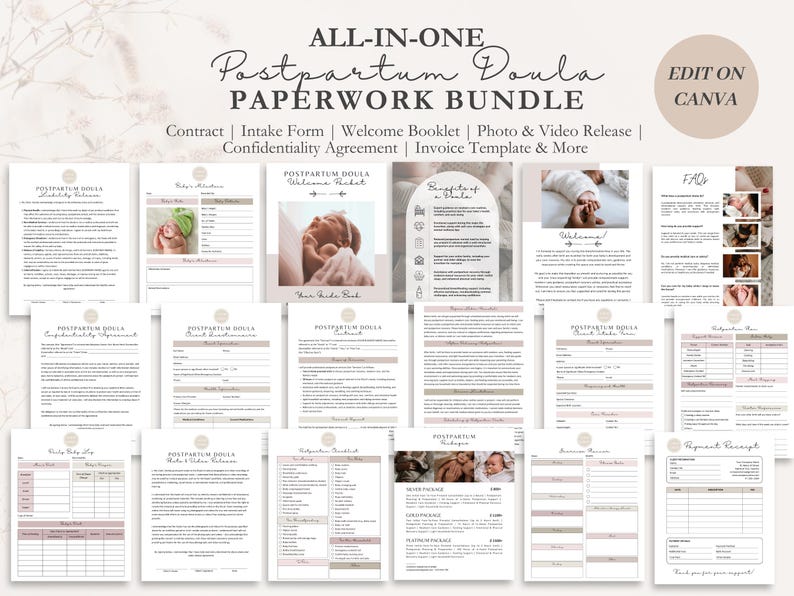 K&ouml;nnte beinhalten: Ein digitales Bundle mit druckbaren Vorlagen f&uuml;r Postpartum-Doula-Unterlagen. Das Bundle beinhaltet einen Vertrag, ein Aufnahmeformular, ein Willkommens-Booklet, eine Foto- und Video-Freigabe, eine Vertraulichkeitsvereinbarung, eine Rechnungsvorlage und mehr. Die Vorlagen sind in einem minimalistischen Stil mit einer neutralen Farbpalette gestaltet.