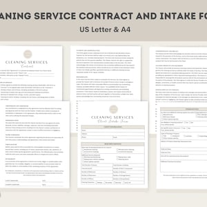 May include: A cleaning service contract and intake form with a logo and the text "Cleaning Services Contract" and "Cleaning Services Client Intake Form".
