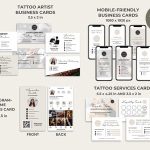 Puede incluir: Un conjunto de tarjetas de visita personalizables para artistas del tatuaje. Las tarjetas presentan una variedad de dise&ntilde;os, que incluyen un patr&oacute;n floral, un dise&ntilde;o minimalista y un dise&ntilde;o con un c&oacute;digo QR. Las tarjetas est&aacute;n disponibles en diferentes tama&ntilde;os, que incluyen 3,5 x 2 pulgadas, 5,5 x 4,25 pulgadas y 2 x 3,5 pulgadas. Las tarjetas se pueden editar en Canva.