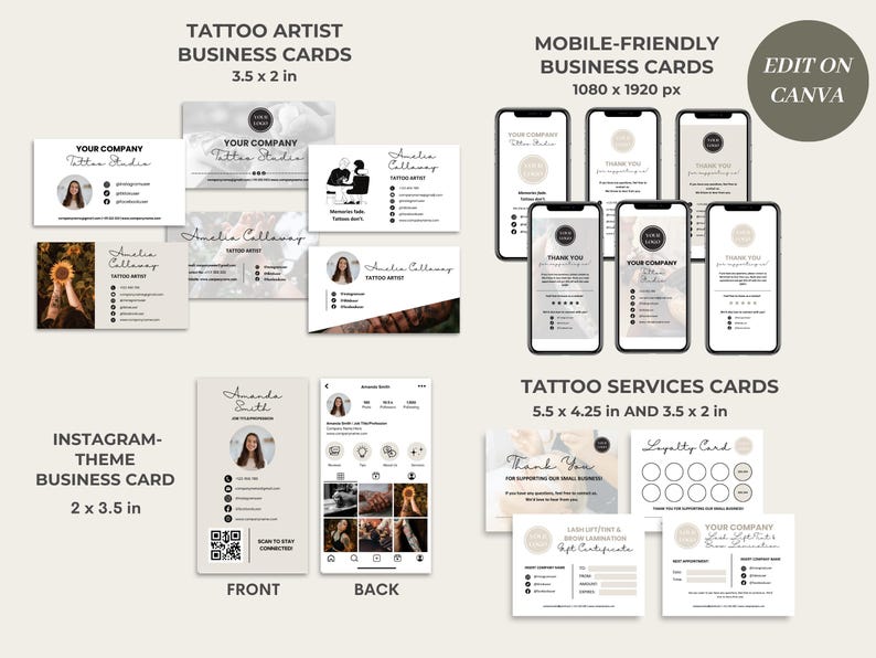 Puede incluir: Un conjunto de tarjetas de visita personalizables para artistas del tatuaje. Las tarjetas presentan una variedad de dise&ntilde;os, que incluyen un patr&oacute;n floral, un dise&ntilde;o minimalista y un dise&ntilde;o con un c&oacute;digo QR. Las tarjetas est&aacute;n disponibles en diferentes tama&ntilde;os, que incluyen 3,5 x 2 pulgadas, 5,5 x 4,25 pulgadas y 2 x 3,5 pulgadas. Las tarjetas se pueden editar en Canva.