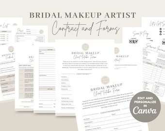 May include: A set of printable forms for a bridal makeup artist. The forms include a client intake form, a price list, a service invoice, and a scan to pay QR code. The forms are designed to be edited and personalized in Canva.