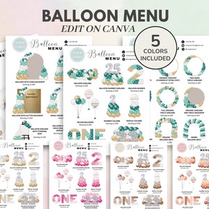 Modello menu palloncino, Listino prezzi decorazione palloncino modificabile e stampabile, Affari palloncini, Listino prezzi ghirlanda artista palloncino, Decorazione evento CANVA