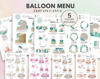 May include: A printable balloon menu with 5 color options. The menu includes different balloon arrangements, such as garlands, columns, and numbers. The menu also includes a cake stand and a balloon backdrop.
