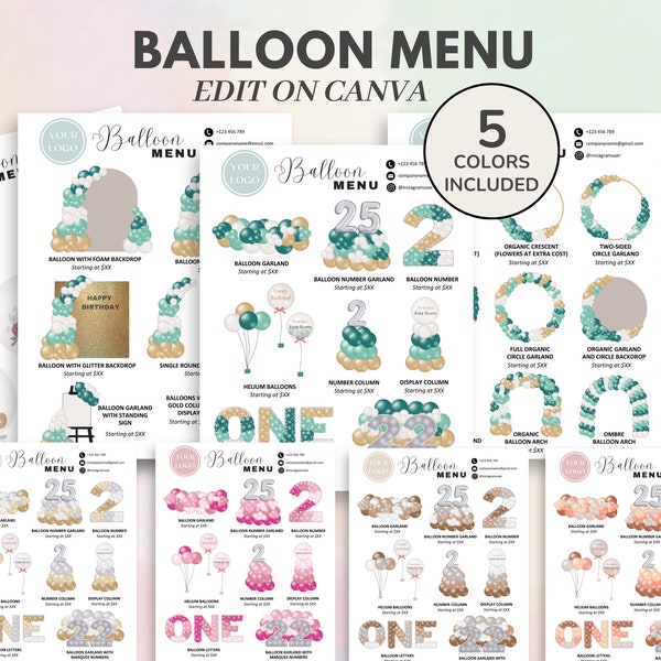 Balloon Menu Template, Editable & Printable Balloon Decor Price List, Balloon Business, Balloon Artist Garland Price List, Event Decor CANVA