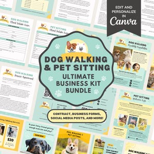 犬の散歩とペットシッターサービスの契約書テンプレート、編集可能な新規顧客登録フォーム、請求書フォーム、ソーシャルメディアのインスタグラム投稿、CANVA
