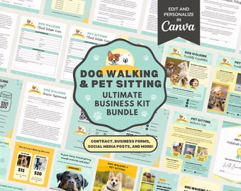 Dog Walking & Pet Sitting Service Agreement/Contract Template, Editable New Client Intake, Invoice Form, Social Media Insta Posts, CANVA