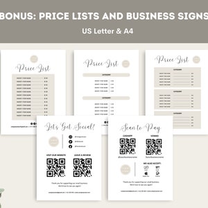 May include: Three printable price list templates with a minimalist design. Each template has a section for a business name, category, item name, and price. The templates are designed for use with US Letter or A4 paper. There is also a printable business card template with a QR code for customers to scan to pay.