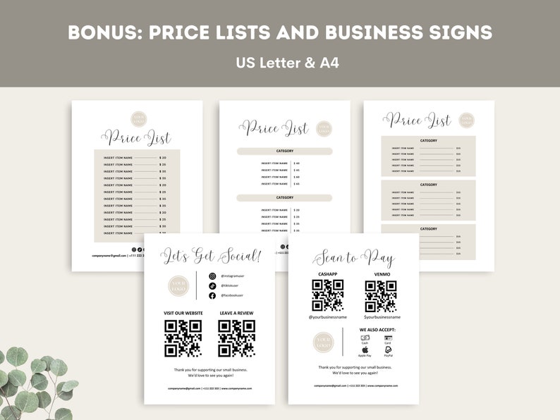 May include: Three printable price list templates with a minimalist design. Each template has a section for a business name, category, item name, and price. The templates are designed for use with US Letter or A4 paper. There is also a printable business card template with a QR code for customers to scan to pay.