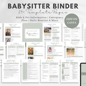 May include: A set of printable babysitter binder pages with a green and white gingham design. The pages include information about the family, children, pets, emergency plan, daily routine, meal planner, and more. The text "The Smith Family Babysitter Binder" is visible on the cover page.