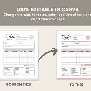 May include: Editable order form template in Canva. The form includes sections for customer information, service, description, quantity, price, amount, delivery, payment, and total. The form is designed with a pink and white color scheme.