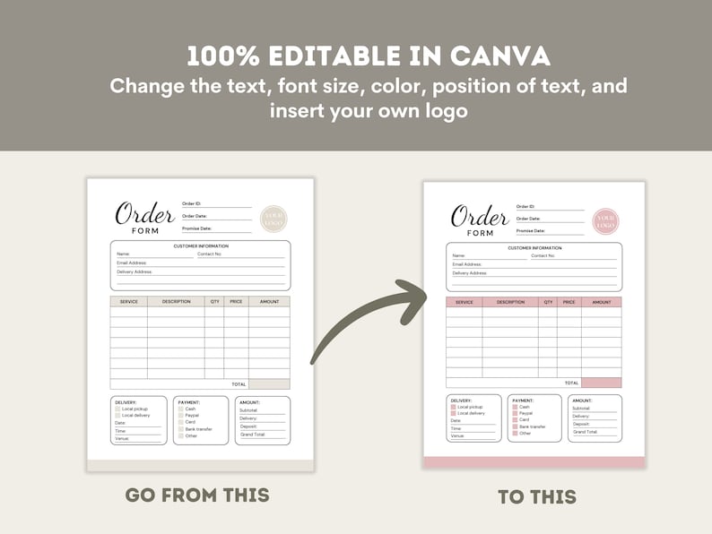May include: Editable order form template in Canva. The form includes sections for customer information, service, description, quantity, price, amount, delivery, payment, and total. The form is designed with a pink and white color scheme.