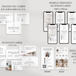 May include: A set of digital templates for business cards, thank you cards, and Instagram posts. The templates feature a minimalist design with black text on a white background. The cards are available in various sizes, including 5.5 x 4.25 inches, 3.5 x 2 inches, and 2 x 3.5 inches.