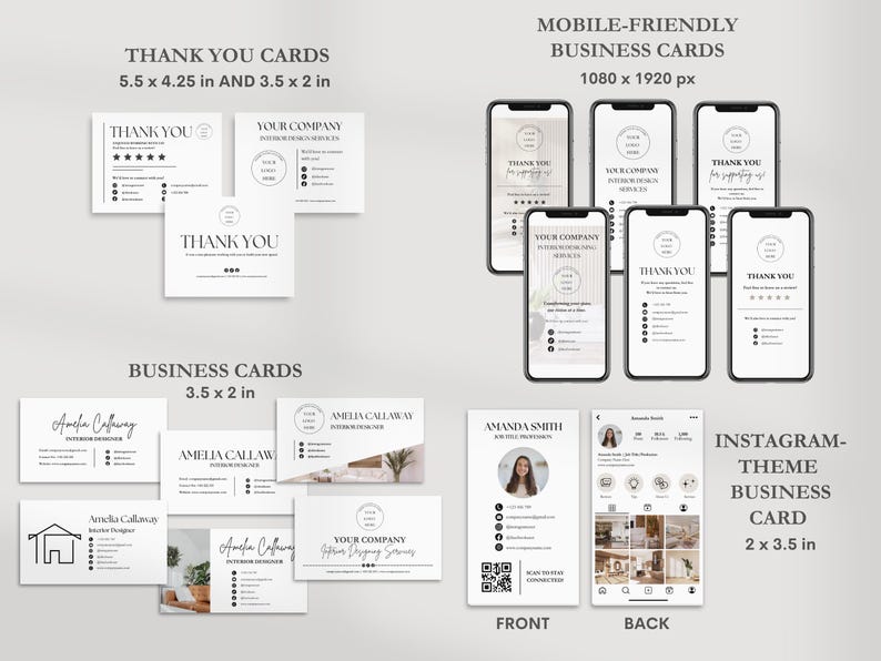 May include: A set of digital templates for business cards, thank you cards, and Instagram posts. The templates feature a minimalist design with black text on a white background. The cards are available in various sizes, including 5.5 x 4.25 inches, 3.5 x 2 inches, and 2 x 3.5 inches.