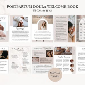 K&ouml;nnte beinhalten: Ein digitales Willkommensbuch f&uuml;r Postpartum-Doulas. Das Buch enth&auml;lt Abschnitte &uuml;ber was zu erwarten ist, die Vorteile einer Doula, den Zeitplan f&uuml;r die Postpartum-Unterst&uuml;tzung, die Postpartum-Checkliste, hilfreiche Ressourcen und FAQs. Das Buch ist so konzipiert, dass es auf Canva bearbeitet werden kann.