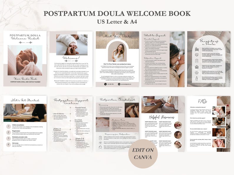 K&ouml;nnte beinhalten: Ein digitales Willkommensbuch f&uuml;r Postpartum-Doulas. Das Buch enth&auml;lt Abschnitte &uuml;ber was zu erwarten ist, die Vorteile einer Doula, den Zeitplan f&uuml;r die Postpartum-Unterst&uuml;tzung, die Postpartum-Checkliste, hilfreiche Ressourcen und FAQs. Das Buch ist so konzipiert, dass es auf Canva bearbeitet werden kann.
