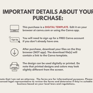 Puede incluir: Gr&aacute;fico beige con el texto &laquo;DETALLES IMPORTANTES SOBRE SU COMPRA:&raquo; e instrucciones para una plantilla digital. Incluye iconos de una computadora, un bot&oacute;n de registro, una flecha de descarga y una impresora.